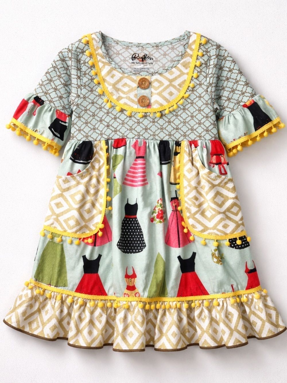 Ruffles by Tutu and Lulu multi pattern dress print dress with pompom accents 3T